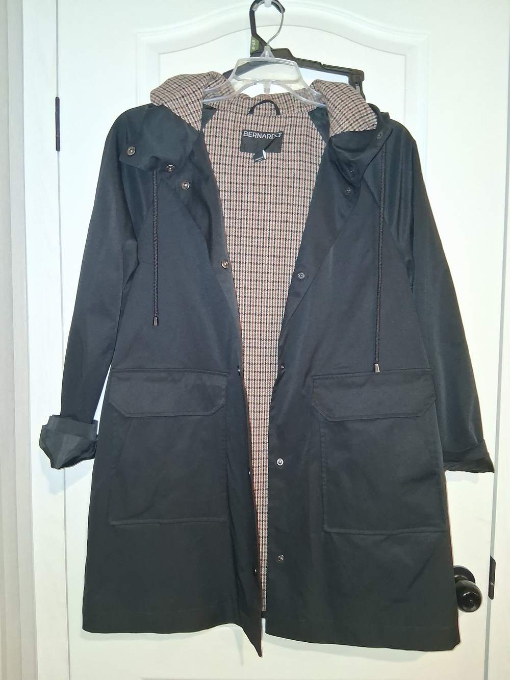 Bernardo Black Hooded Trench Coat with Checked Lining